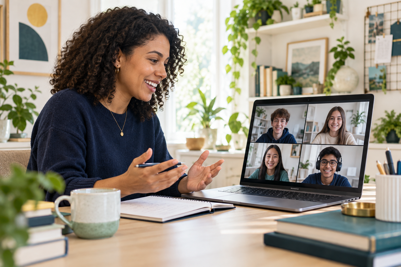 Tutor leading a small online group class